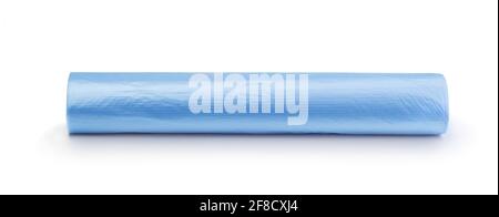 Roll of blue plastic garbage bags isolated on white. Front view. Stock Photo