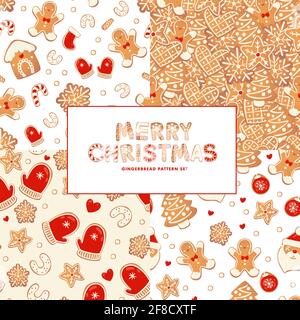 Christmas gingerbread seamless patterns set. Winter characters in cartoon style. Awesome holiday design background. New year in scandinavian style. Stock Vector