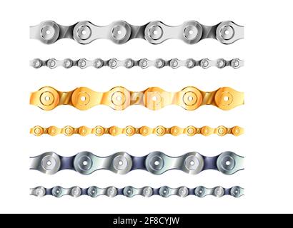 Bicycle and motorcycle chains seamless chainline in metall, gold and silver colours isolated on white Stock Vector