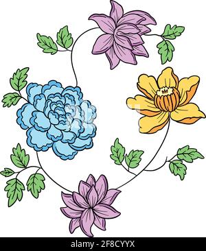 Vector Line Art Floral Flowers Tattoo Style for Valentines Stock Vector