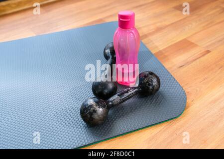 Sport fitness yoga accessories down close up Stock Photo
