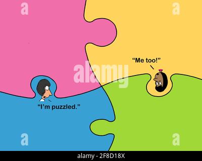 Two women in puzzle pieces admit they are puzzled. Stock Photo