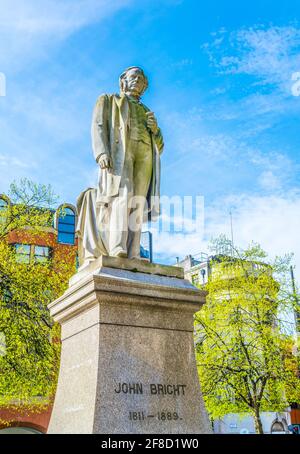 Statue of John Bright on Albert square in front of the town hall in Manchester, England Stock Photo