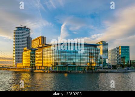 Media City UK in Manchester during sunset, England Stock Photo