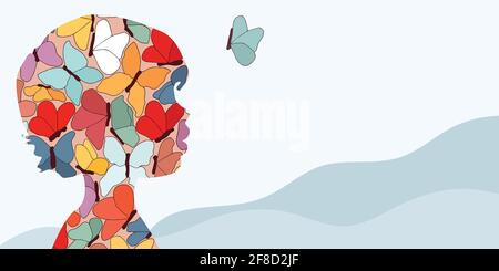 Autism syndrome concept. Puzzle of butterflies that forms a child's head in profile. Learning support and education. Neurological Disease. Mind Stock Vector