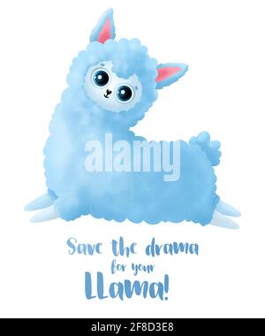 Cute blue llama isolated on white background. Funny cartoon llama Stock Photo