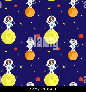 Pattern with cartoon characters in space. A dog and a cat are astronauts on the planets. Space illustration . Stock Vector
