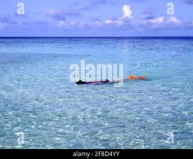 Young woman snorkeling in sea, Kuda Bandos, Kaafu Atoll, Republic of Maldives Stock Photo