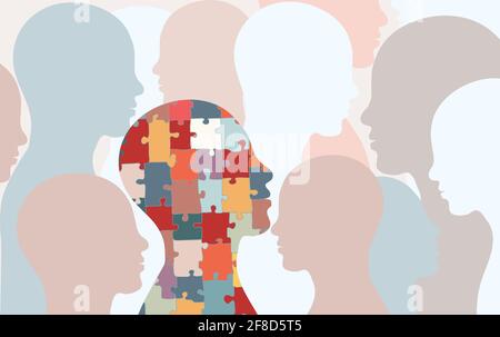 Autism syndrome concept. Jigsaw that forms human head in profile With other people's background. Learning support and education. Neurological Disease. Stock Vector