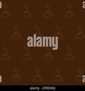 Pattern with continuous cup of coffee outline minimalistic vector illustration on brown background Stock Vector