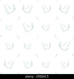 White minimalistic dove illustration vector seamless pattern on white background Stock Vector