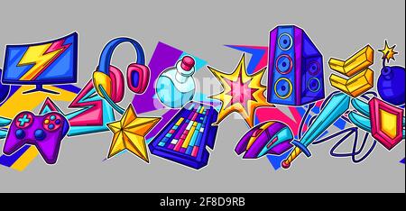 Seamless pattern with gaming items. Cyber sports, computer games, fun recreation. Stock Vector