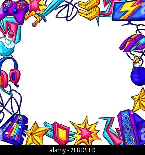 Background with gaming items. Cyber sports, computer games, fun recreation. Stock Vector