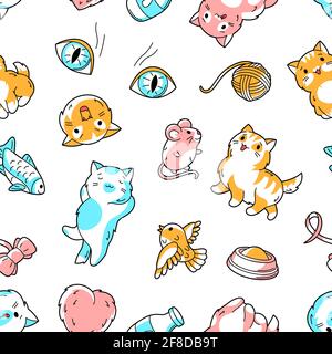 Seamless pattern with cute kawaii cats. Fun animal background. Stock Vector