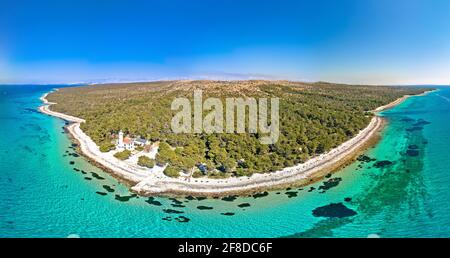 Island of Vir archipelago lighthouse and beach aerial panoramic view, Dalmatia region of Croatia Stock Photo