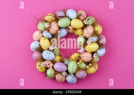 Circle made of easter eggs top view. Stock Photo