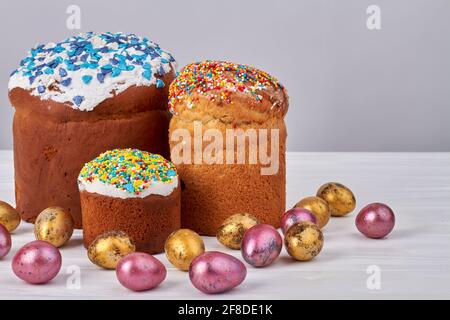 Still life various easter cakes and eggs. Stock Photo