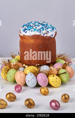 Composition of easter cakes and eggs. Stock Photo