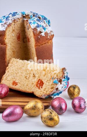 Easter cake and eggs isolated on white background. Stock Photo