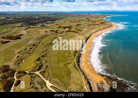 Aerial view from drone of Kingsbarns Golf Links, Fife, Scotland, UK Stock Photo