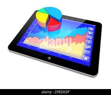 Business improvement and finance success analyzing concept. Tablet PC with pie chart and growth diagram on a screen. 3d image Stock Photo