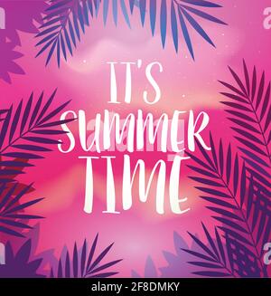 Summer party poster with palm leaf and lettering its summer time. Vector poster template Stock Vector