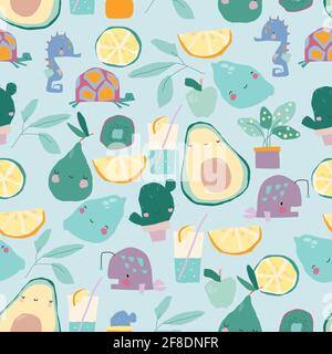 Seamless pattern with Cartoon Fruits and Plants on blue Background Stock Vector