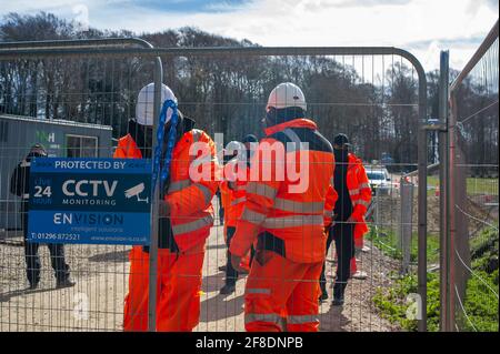 Aylesbury Vale, UK. 9th April, 2021. HS2 were back in the ancient woodland of Jones Hill Wood today felling trees. Environmental activists trying to protect Jones Hill Wood are taking legal action against Natural England who granted the licence to HS2 fell Jones Hill Wood despite it having rare barbastelle bats in the wood. The controversial and massively over budget High Speed 2 rail link from London to Birmingham is carving a huge scar across the Chilterns which is an AONB. Credit: Maureen McLean/Alamy Stock Photo