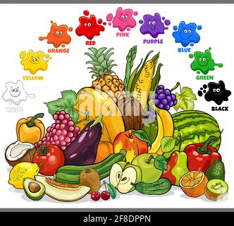 Educational cartoon illustration of basic colors for children with vegetables and fruits food objects group Stock Vector