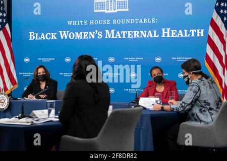 Washington, DC, USA. 13th Apr, 2021. Vice President Kamala Harris and White House Domestic Policy Advisor Susan Rice listen during a roundtable discussion on Black maternal health in the South Court Auditorium in Washington, DC, U.S., on Tuesday, April 13, 2021. Credit: Sarah Silbiger/Pool via CNP | usage worldwide Credit: dpa/Alamy Live News Stock Photo
