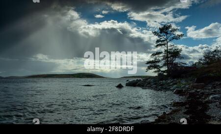 Rays of sunlight break through the clouds. Seascape with Islands. Northern nature. Spruce on a rocky shore. Light phenomenon Stock Photo