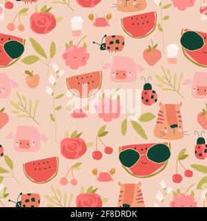 Seamless pattern with Cartoon Fruits, Animals and Plants on pink Background Stock Vector