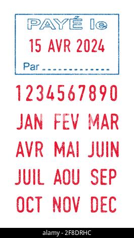 Vector illustration of The French word Paye (Paid) in blue ink stamp and editable French dates (day, month and year) in red ink stamps Stock Vector