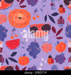 Seamless pattern with Cartoon Fruits, Animals and Plants on violet Background Stock Vector