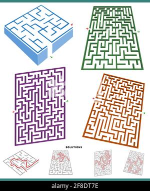 Illustration of maze games graphs set with solutions Stock Vector