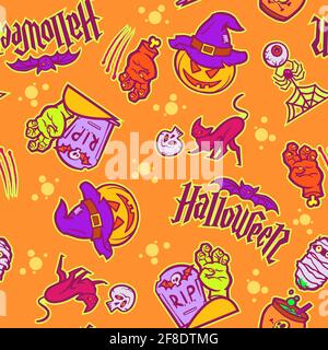 Seamless pattern for Halloween holiday decoration. Halloween symbols cartoon style pumpkin, bat.Vector illustration Stock Vector