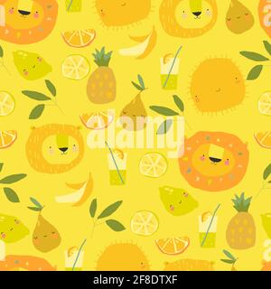 Seamless pattern with Cartoon Fruits, Animals and Plants on yellow Background Stock Vector