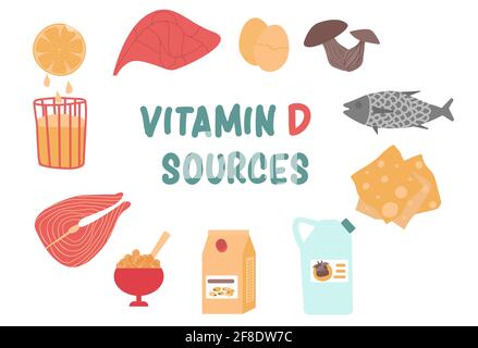 Vitamin D colorful sources set. Flat vector illustration Stock Vector