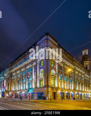 MANCHESTER, UNITED KINGDOM, APRIL 11, 2017: Night view of the royal exchange theater in Manchester, England