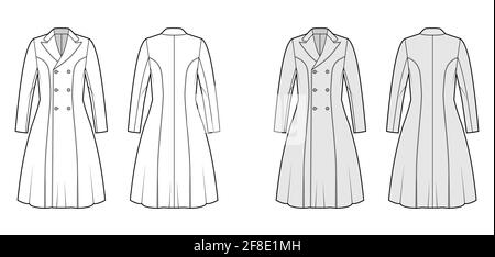 Princess line coat technical fashion illustration with double breasted, fitted body, long sleeves, knee length. Flat jacket template front, back, white, grey color style. Women, men, unisex CAD mockup Stock Vector