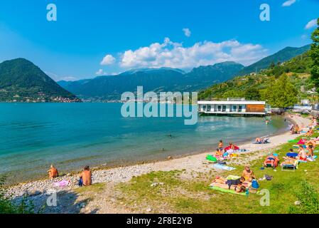 LAKE ISEO, ITALY, JULY 16, 2019: People are enjoying a sunny day at lake Iseo, Italy Stock Photo