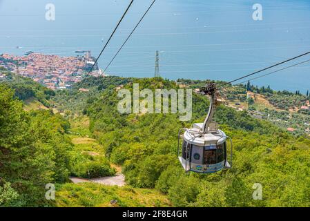 MALCESINE, ITALY, JULY 22, 2019: Aerial view of Malcesine from Monte Baldo in Italy Stock Photo
