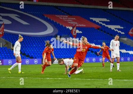 Cardiff, Wales. 13 April, 2021. Jess Fishlock of Wales Women celebrates scoring her side's equalising goal during the Women's International Friendly match between Wales and Denmark at the Cardiff City Stadium in Cardiff, Wales, UK on 13, April 2021. Credit: Duncan Thomas/Majestic Media/Alamy Live News. Stock Photo