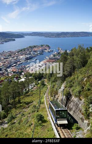 BERGEN, NORWAY - Jul 23, 2020: The Floibanen is a funicular railway in the Norwegian city of Bergen. It connects the city center with the mountain of Stock Photo