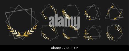 Design elements for wedding invitation card, different celebration, poster, flyer, banner. Black polygonal geometric frames isolated on white. Decorative lines borders. Collection for graphic design. Stock Vector
