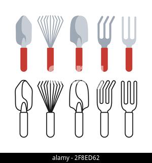 Gardening tools, shovel pitchfork and rake set. Construction equipment. Cartoon style line icon collection. Work tool for outdoor activities digging. Rural gardening. Hand drawn vector illustration Stock Vector