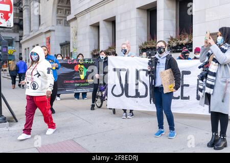 Chicago, Illinois - March 13, 2021: A Group of Peaceful Breonna Taylor Protesters Demand Justice in Downtown Chicago During the COVID-19 Pandemic.