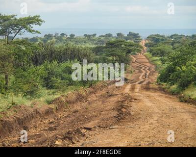 Tanzania, Africa - February 27, 2020: Dirt offroad as you enter Tanzania from Kenya Stock Photo