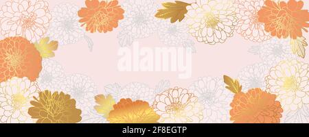 Luxury gold floral wallpaper design chrysanthemum flowers in pink, grey, terracotta colors. Vector digital illustration for wedding, banner, card, cover, packaging design with copy space for text. Stock Vector