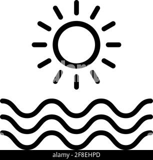 outline ocean icon vector, summer beach sign with Line or shape, sun symbol Stock Vector